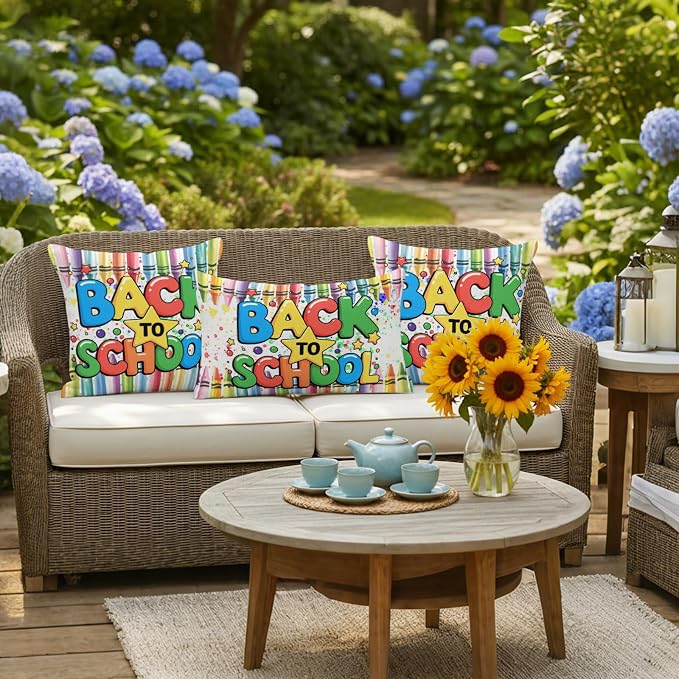 Outdoor Waterproof Pillow Covers for Patio Back to School Decorative Throw Pillow Cover Colorful Crayon School Season Pillowcases Set of 2 Cushion Case for Sofa Couch Chair 12x20 Inch