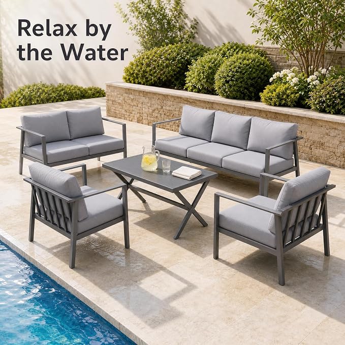 Aluminum Patio Sectional Furniture Set,5 piece Patio Conversation Sets Outdoor Patio Furniture Set Sofa with Coffee Table & Washable Cushions Grey