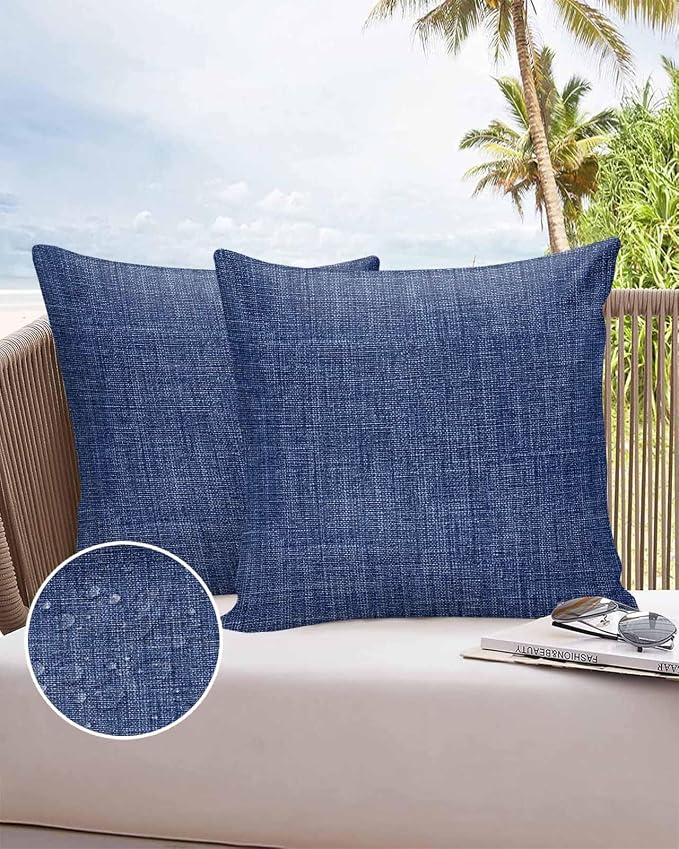 Vandarllin Outdoor Throw Pillows Covers 16x16 inch Set of 2 Waterproof Navy Blue Linen Decorative Zippered Cushion Covers for Patio Furniture, Farmhouse Pure Color Lumbar Pillowcases