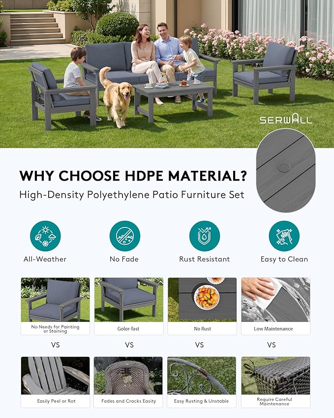 SERWALL HDPE Outdoor Patio Furniture Set with Coffee Table