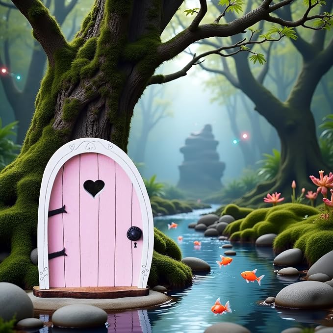 Jinshining Pink Streak Mini Fairy Garden Door for Tree, 3D Miniature Fairy Door for Fairytale Tiny House Doors, Bonsai Terrarium Micro Landscape Decoration Accessories Garden Miniatures