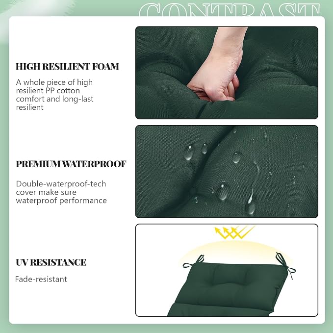 Kigley 2 Pcs Outdoor Chaise Lounge Cushions with 3 Side Pocket 74.5 x 22 x 4.7 Inch Patio Chaise Lounge Cushion, Water-Repellent and Fade-Resistant Tufted Summer Replacement(Dark Green)