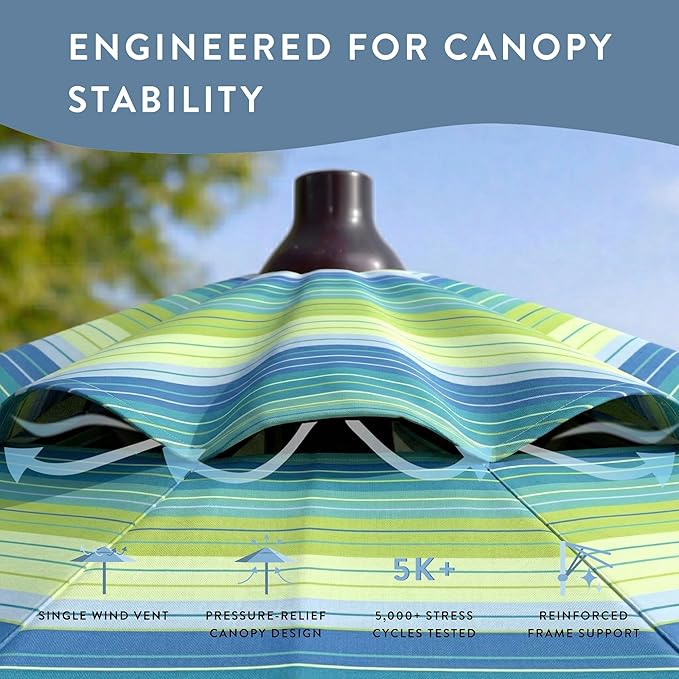 California Umbrella 12-Year Protection 7.5-Ft Outdoor Patio Umbrella, Sunbrella Fade-Resistant Fabric, Auto-Tilt, Heavy Duty Aluminum Frame, 8 Reinforced Ribs for Pool or Deck, Bronze Pole, Seville Seaside