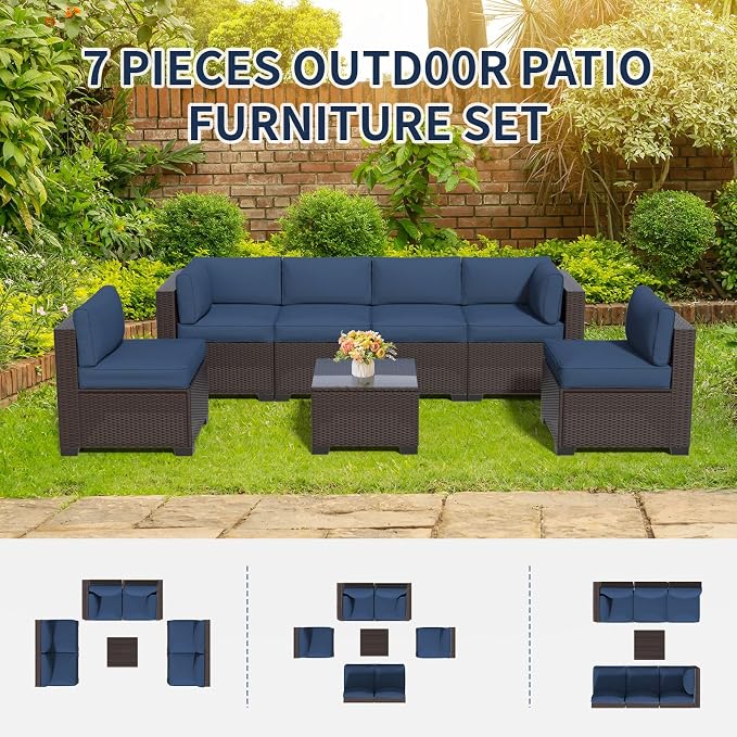7 Piece Patio Furniture Set, Rattan Outdoor Patio Conversation Sets, Outdoor Sectional Furniture with Thickened Cushions and Coffee Table, for Deck, Backyard, Garden, Dark Brown & Navy Blue