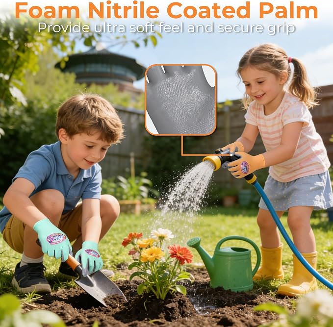 HANDLANDY 2 Pairs Kids Gardening Gloves, Grippy Kids Work Gloves, L | Foam Nitrile Coated Children Toddler Garden Yard Work Cycling Outdoor Playing Gloves for Girls Boys