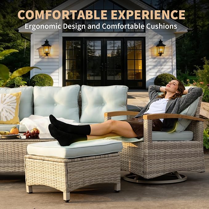 MEISSALIVVE 7 Pieces Patio Furniture Sets, PE Wicker Outdoor Conversation Sets with 2 Wood Armrests Swivel Rocker Chairs, 2 Ottomans, 2-seat Sofa and Dining Table (Blue)
