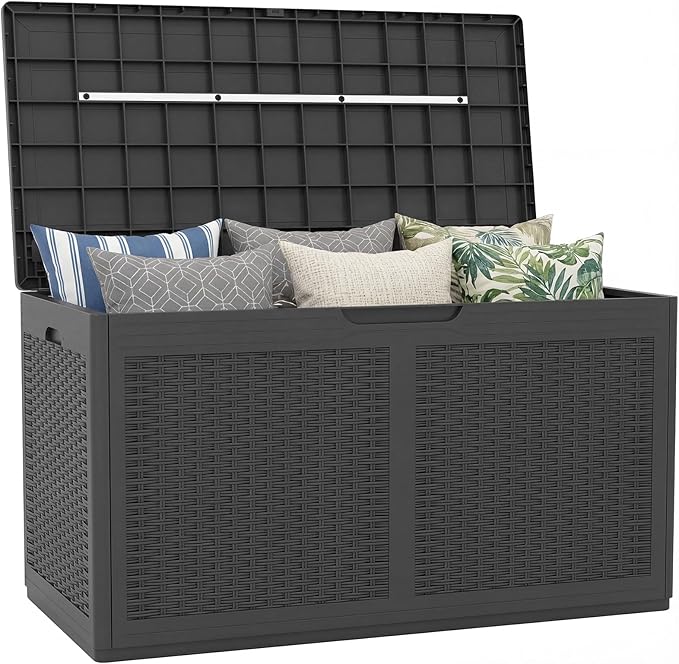Tangkula 100 Gallon Outdoor Storage Box, Lockable Outdoor Storage Bench with 2 Smooth Wheels, Faux Rattan Surface, Waterproof Resin Deck Box for Outside Poolside Patio Garden (Grey)