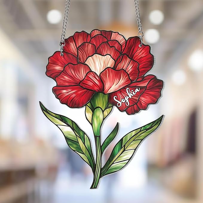 Personalized Birth Month Flower with Name Acrylic Window Hanging Suncatcher - Mother's Day, Birthday Gift for Mom, Grandma, Great Grandma (Birth Flower)