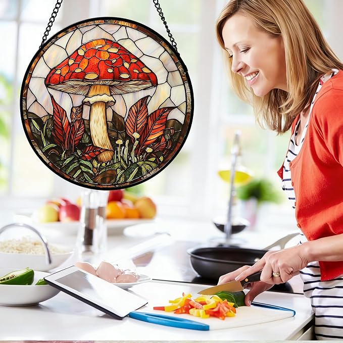 DASTOLL Stained Glass Window Hanging, Big Red Mushroom Suncatcher for Doors Home Sun Catchers Decoration and Christmas, Mother's Day Birthday Gifts for Women, Men, and Mom 11.8x11.8 in
