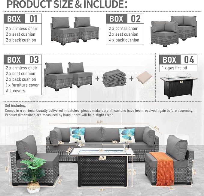 Lviden 7 Pieces Wicker Patio Furniture Set Rattan Outdoor Sectional Conversation Sofa Set with Fire Pit Table Non-Slip Cushions and Furniture Cover, Light Grey