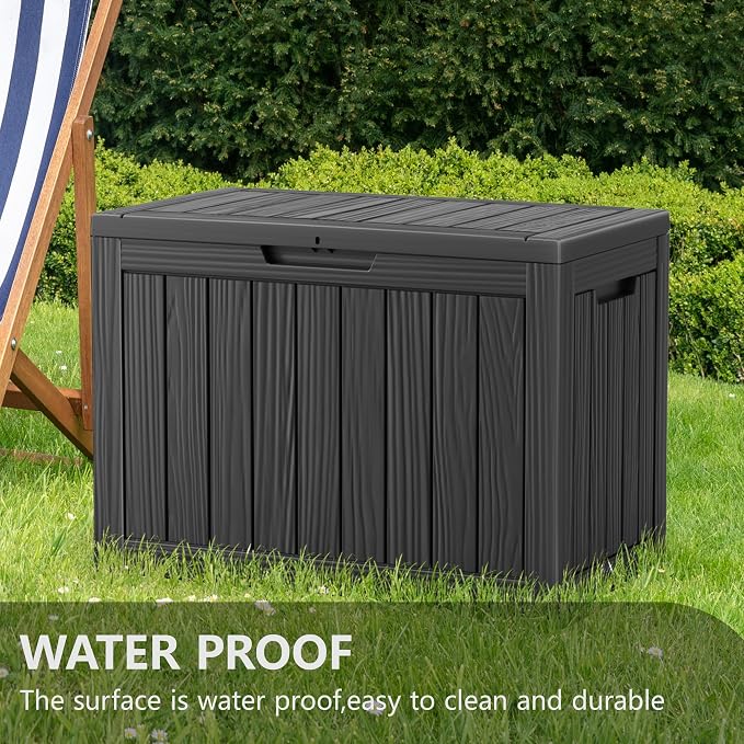 Vixzen 46 Gallon Outdoor Deck Box, Lockable Outdoor Storage Box for Patio Furniture, Garden Tool and Pool Supplies, Weatherproof and UV Resistant (Black, 46 Gallon)