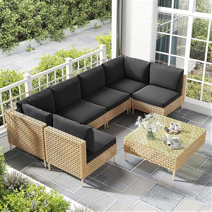 8-Piece Outdoor Wicker Patio Furniture Set with Sectional Rattan Sofa and Coffee Table Thick Cushions for Backyard Lounge(Black)