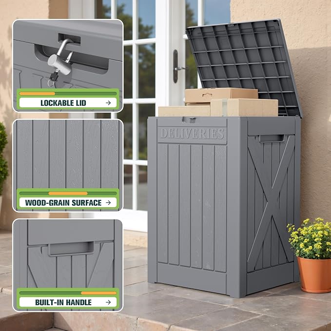 Greesum 52 Gallon Outdoor Resin Package Delivery Box for Porch, Lockable Secure Double-Wall, Waterproof Deck Box for Package Protection, Gray