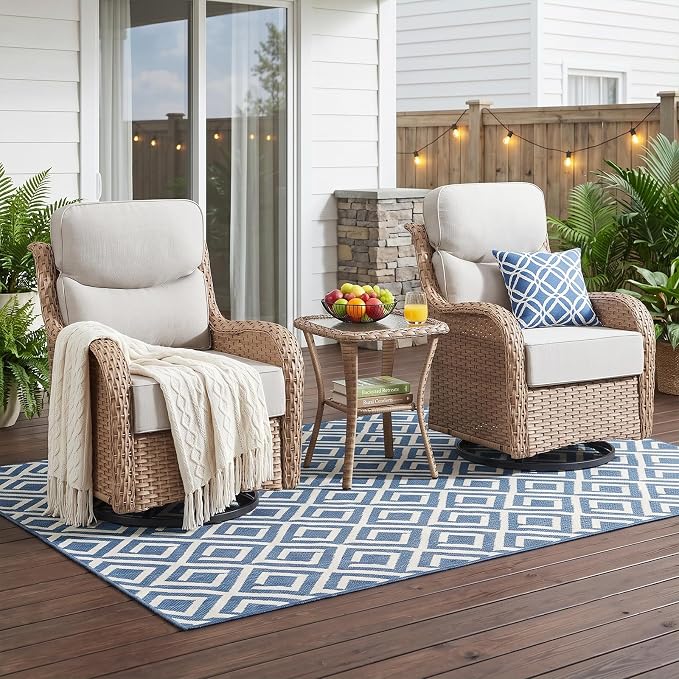 Luxury High Back Outdoor Swivel Rocker Patio Chairs with Side Table & 6-Inch Thick Cushions, 3 Pieces Patio Furniture Set for Porch, Balcony, Deck and Yard