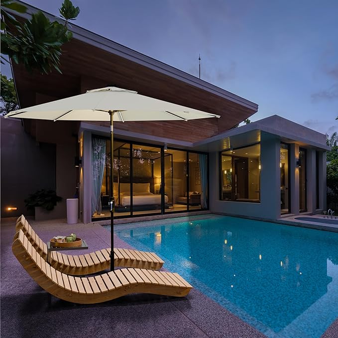 Midtown Umbrellas The LED Swilt 8 Feet Patio Umbrella With Terylast Off Cream (Off White) Polyester Fabric - Auto-Tilt Aluminum Frame With LED Lights For Backyard, Deck, Garden, Pool - Black Pole