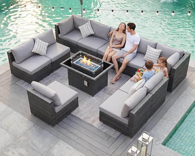 BULEXYARD 11 Piece High Back Patio Furniture Set with Fire Pit Table, Oversized Comfy Deep Wide Seat Outdoor Sectional Sofa, All-Weather Wicker Modular Conversation Couch 10-Seats for Deck, Light Grey