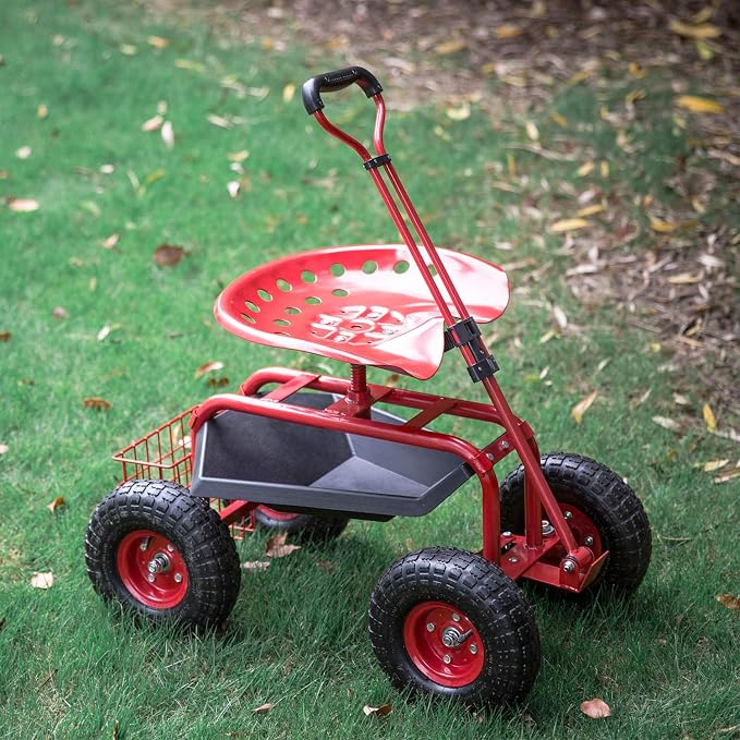 kinbor Rolling Garden Scooter Garden Cart with Tray, 360 Swivel Seat, Red
