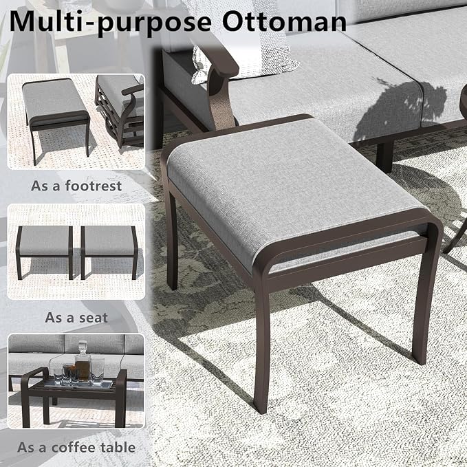 Kullavik Aluminum Patio Furniture Set,7 Piece Modern Metal Outdoor Patio Furniture w/5.1'' Thick Cushion,Swivel Chairs,Ottomans and Propane Fire Pit Table,Patio Conversation Sets for Porch,Deck,Grey