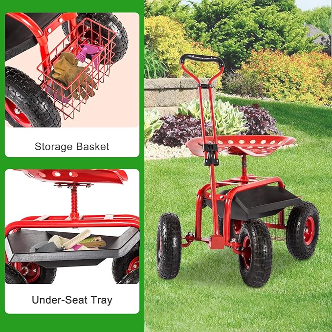kinbor Rolling Garden Scooter Garden Cart with Tray, 360 Swivel Seat, Red