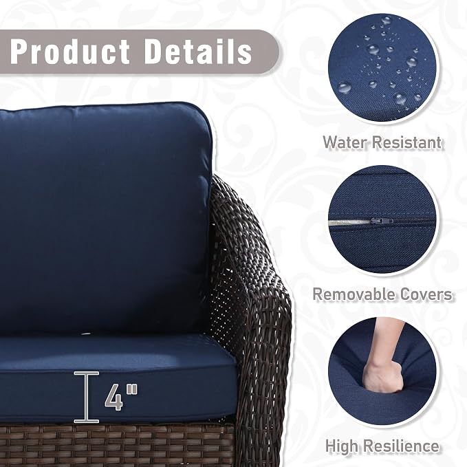 3 Piece Patio Wicker Bistro Set, 2 All-Weather Use Outdoor Wicker Swivel Chairs with PE Rattan Side Table,Ideal for Porch, Backyard, Balcony, Poolside, Blue