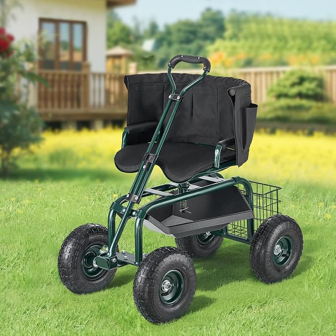 VEVOR Garden Seat with Wheels, Rolling Garden Stool with Height Adjustable & 360° Swivel Seat, 400lbs Weight Capacity, Gardening Cart Bench, Ergonomic Backrest & Tool Storage, for Yard, Patio