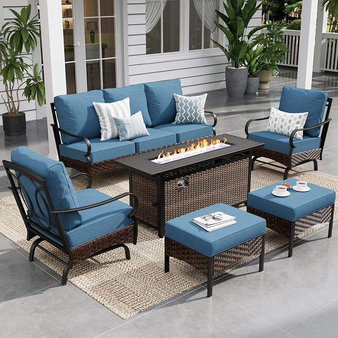 Sophia & William Patio Furniture Set with 56" Fire Pit Table, Metal Outdoor Conversation Set Patio Sectional with 3-Seater Sofas, 2 Rocking Chairs, 2 Ottomans, 1 Firepit Table for Porch Deck, Navy