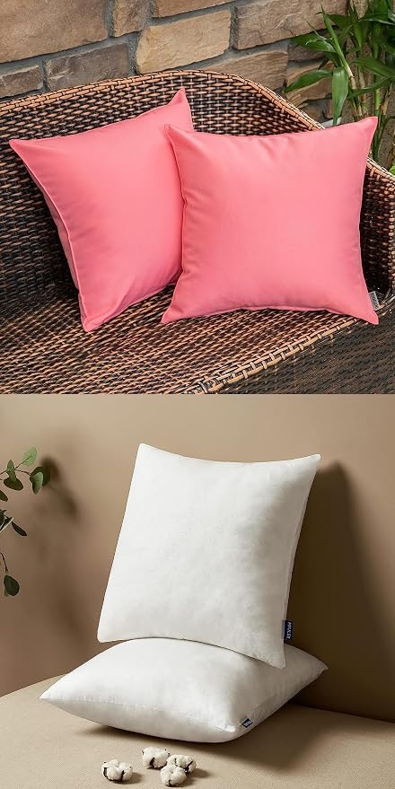 MIULEE Pack of 2 Decorative Outdoor Waterproof Pillow Covers Pink Bundle 18x18 Pillow Inserts Set of 2 Square Decorative Throw Pillows