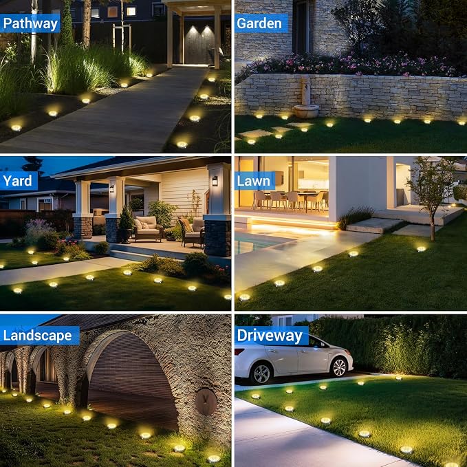 Solar Ground Lights Outdoor, 24 Pack Flat Solar Powered Disc Lights, IP68 Waterproof, Anti-Rust, Landscape Lighting for Pathway Garden Yard Lawn Walkway Landscape Driveway, Warm White