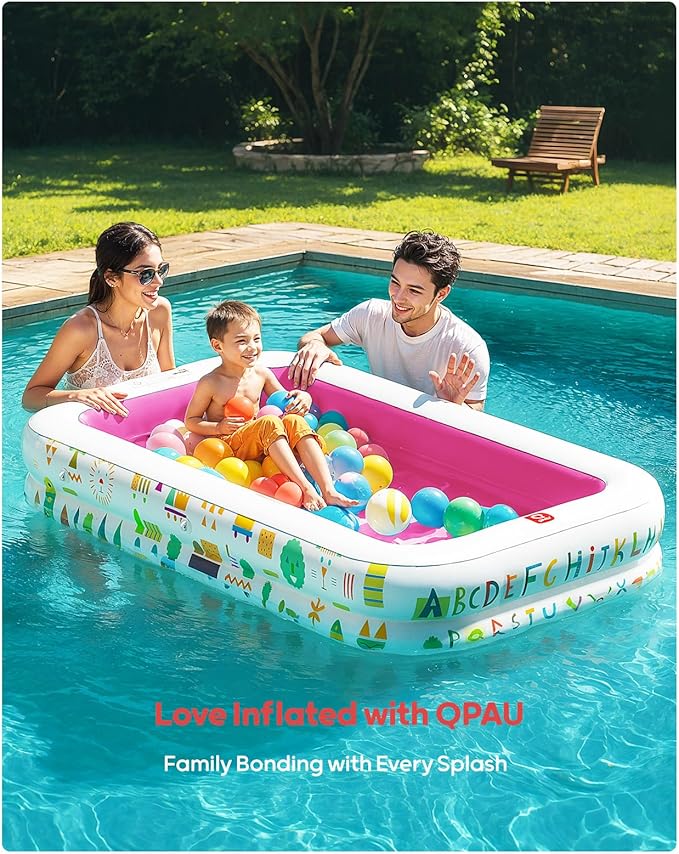 QPAU Kiddie Pool – 65" x 39" Inflatable Pool for Kids & Toddlers, Ball Pit & Baby Pool with Soft Cushioned Floor, Canopy for Sun Protection, Durable Outdoor Play Toys for Backyard & Indoor (Pink)