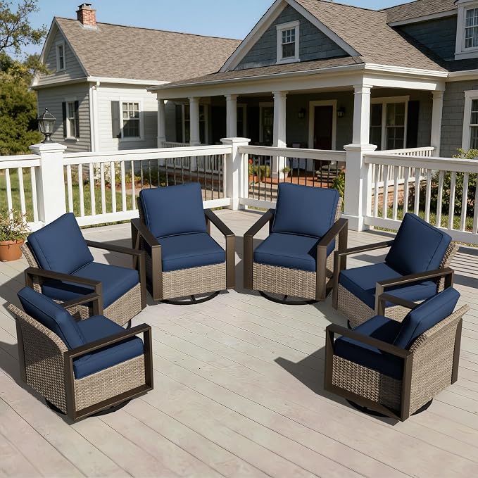 Joyside Outdoor Patio Swivel Rocker Chairs Set, 6 Pieces Wicker Rattan Chairs with Metal Wide Armrest, Thick Cushions and Deep Seating for Garden, Backyard, Porch, Deck