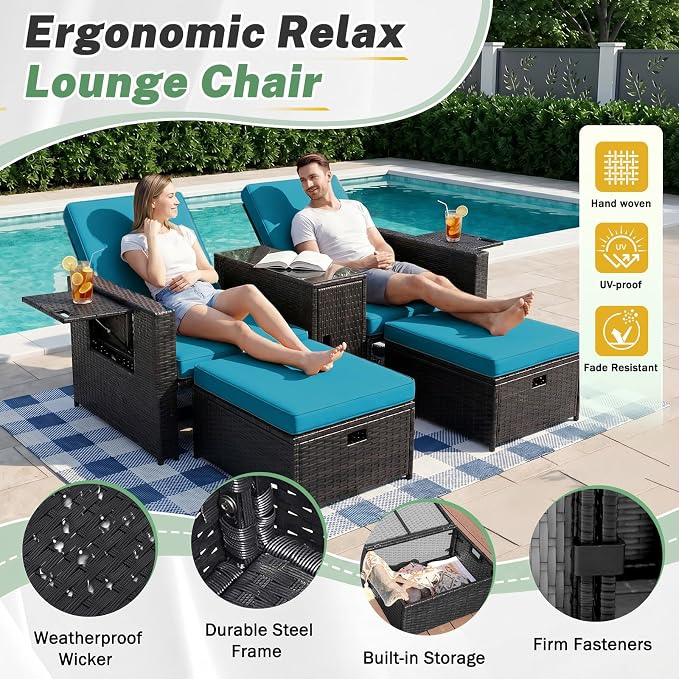 LVUYOYO 5 Piece Patio Furniture Set, Patio Wicker Conversation Set with Ottoman, Outdoor Chaise Lounge Chair with Side Table & Adjustable Backrest for Pool Backyard Garden (Black Wicker Green Cushion)