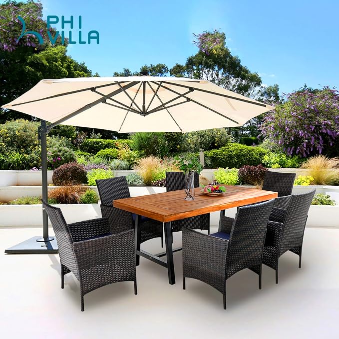 PHI VILLA Outdoor Dining Set for 6, Wicker Chairs & Acacia Wood Table | 1 Acacia Wood Table & 6 Cushioned Rattan Chairs, Outdoor Dining Furniture Set for Deck, Yard or Indoor