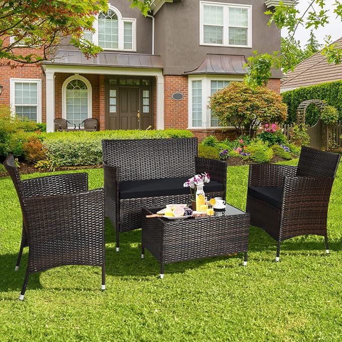 COSTWAY 4PCS Rattan Patio Furniture Set | Outdoor Wicker Rattan Chairs with Coffee Table, Rattan Cushioned Conversation Set for Backyard Balcony Porch Poolside, Black