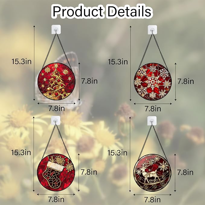 DASTOLL Stained Glass Window Hanging 4 Pcs Set Red Christmas Elk Snowflakes 7.8" - Deer Suncatcher Door Garden Sun Catcher Decor Birthday for Mom Woman Nana Men Friend
