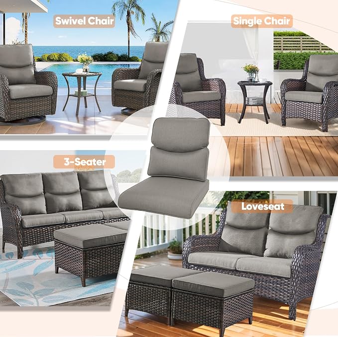 22*24*4in Outdoor Patio Cushions, 8 Pieces Grey Smile Back Cushion | High Back Patio Cushions, Water-Resistant, Reversible, Removable Cover, Stain-Resistant, for Patio Chairs Sofa Couch