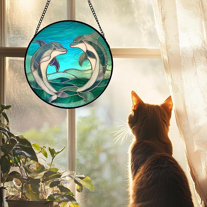 DASTOLL Stained Glass Window Hanging 4 Pcs Set Cyan Ocean Life Theme 9.8" - Sea Starfish Suncatcher Door Garden Sun Catcher Decor Birthday for Mom Woman Nana Men Friend