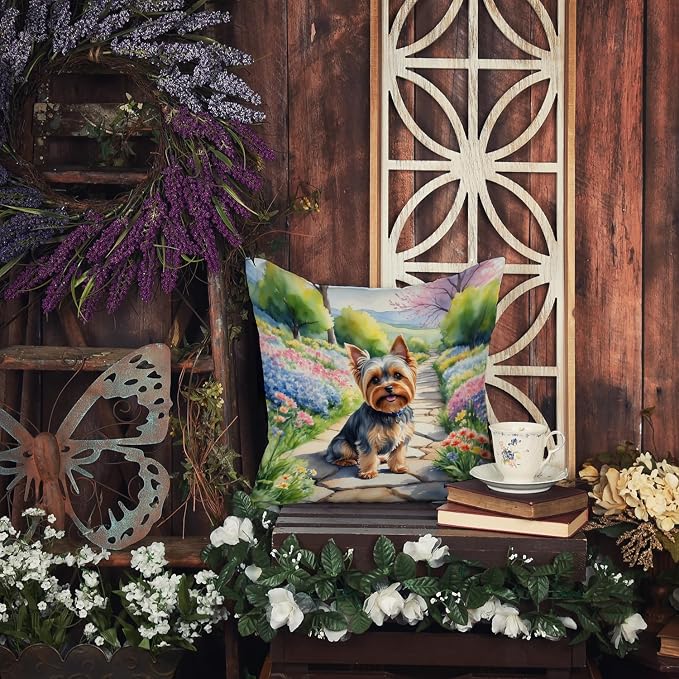 Caroline's Treasures Yorkshire Terrier Spring Path Throw Pillow Machine Washable, Indoor Outdoor Decorative Pillow for Couch, Bed or Patio, 14Hx14W