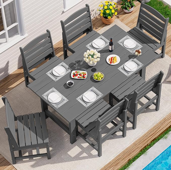 SERWALL 7-Pc HDPE Patio Dining Set, 1 Table & 6 Armless Chairs, Gray | HDPE Outdoor Dining Set with Rectangular Table & 6 Armless Chairs, All-Weather Resistant SERWALL Dining Set for 6