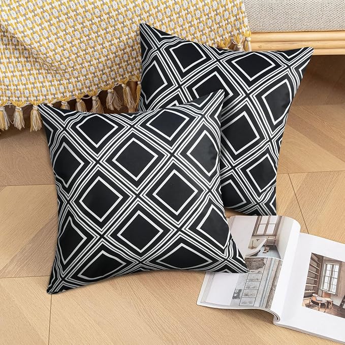 Outdoor Waterproof Black Pillow Covers Set of 2 Farmhouse 18x18 Inch | Outdoor Pillow Covers Patio Furniture Farmhouse Garden Porch Bench Sofa