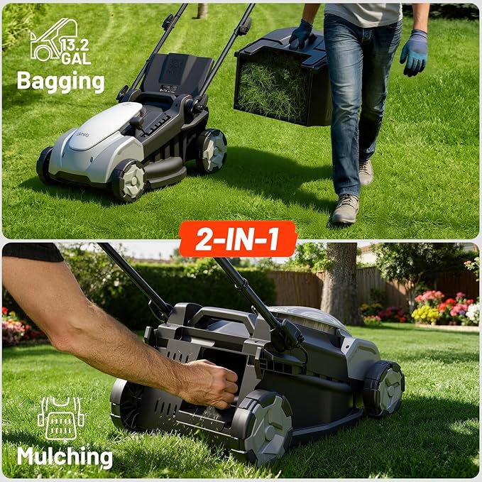 Litheli 40V Push Mower with Brushless Motor, 16″ Battery Lawn Mower, 6 Adjustable Heights, 50L Grass Bag, Mulching, 2×5.0Ah Batteries & Charger Included