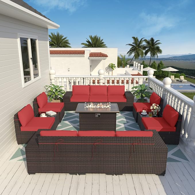 ALAULM 13 Pieces Outdoor Patio Furniture Set with Propane Fire Pit Table Outdoor Sectional Sofa Sets Patio Furniture 43" Gas Fire Pit Brown PE Rattan Patio Conversation Set w/10 Cushions (Rose Red)