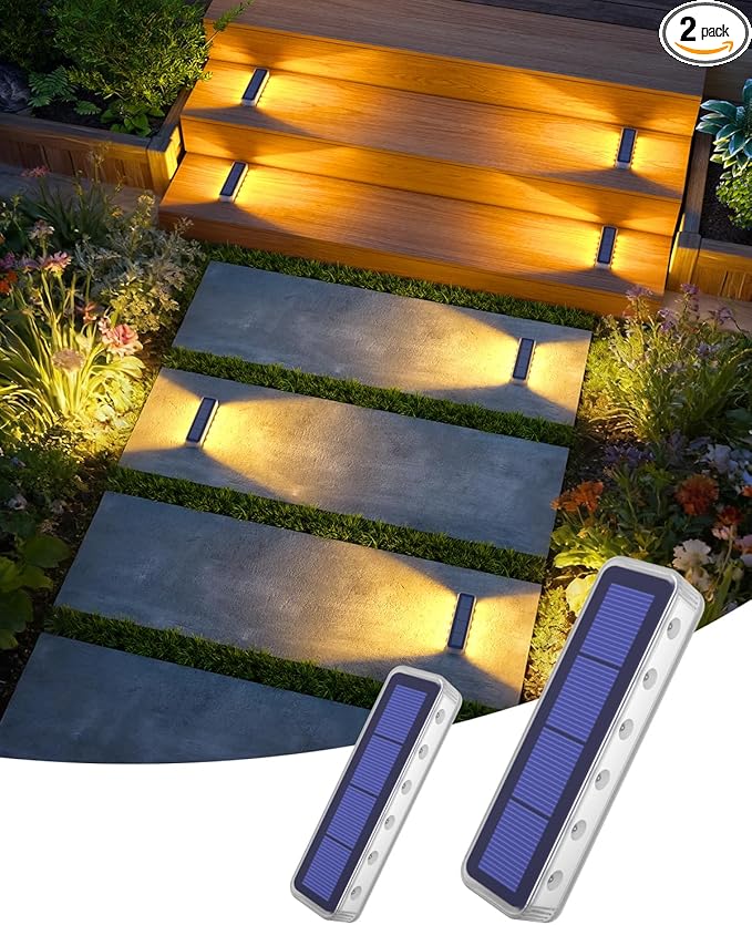 DetarZinLED Solar Step Lights for Outside 2 Pack, 12 LEDs 2-Sided Illumination Solar Stair Lights Outdoor IP68 Waterproof,Auto On/Off Deck Lights Solar Powered for Patio,Yard,Path,Walkway (Warm White)