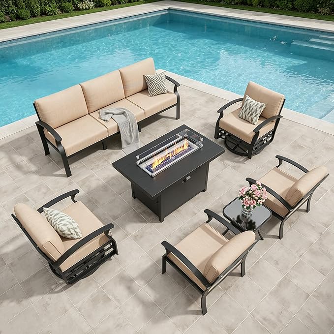 Aluminum Outdoor Patio Furniture Set,7 Seats Patio Conversation Sets with 45" Propane Fire Pit Table,Metal Patio Sectional Furniture Set with 2 Swivel Rocking Chairs,Sand