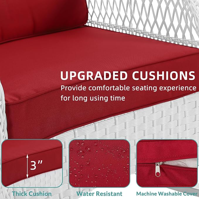 MEETWARM Patio Wicker Rocking Glider Set, All-Weather Outdoor Rattan Patio Rocking Chairs of 2, Patio Conversation Set with Thickened Cushions for Porch Garden & Backyard, White Wicker/Red