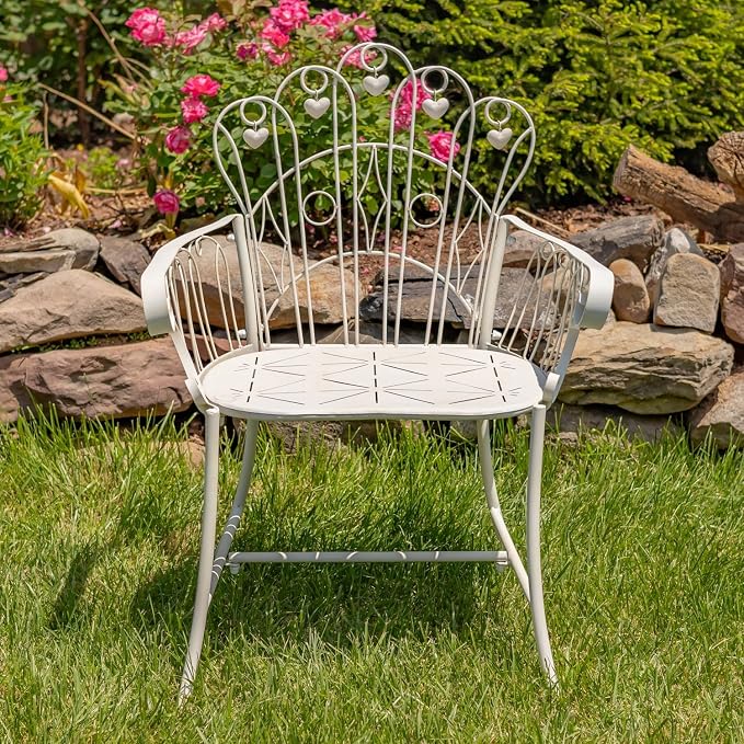Zaer Ltd. Vintage Style Metal Patio Furniture with Heart Design Accents, Outdoor/Indoor Decor (Distressed White, Arm Chair)