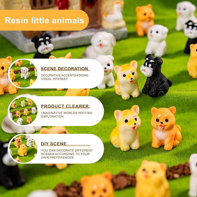 72 pcs Mini Resin Dog Many Styles Variety Tiny Animals Figures Miniature Little Small Animal Figurines Bulk for Micro Fairy Garden Landscape Accessories Hide Crafts Decor Aquarium