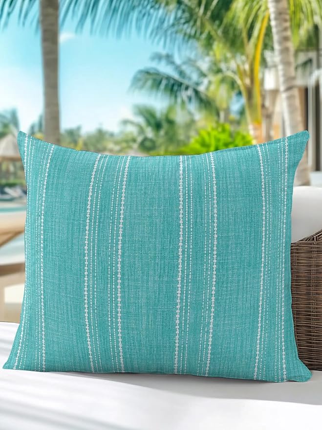 Waterproof Outdoor Pillow 1 Pack Aqua Linen Stripes Decorative Throw Pillows Cover & Insert 16x16 Inch Pillowcase Parallel Vertical Lines Pillows for Couch Sofa Bed Patio Furniture Indoor Outdoor
