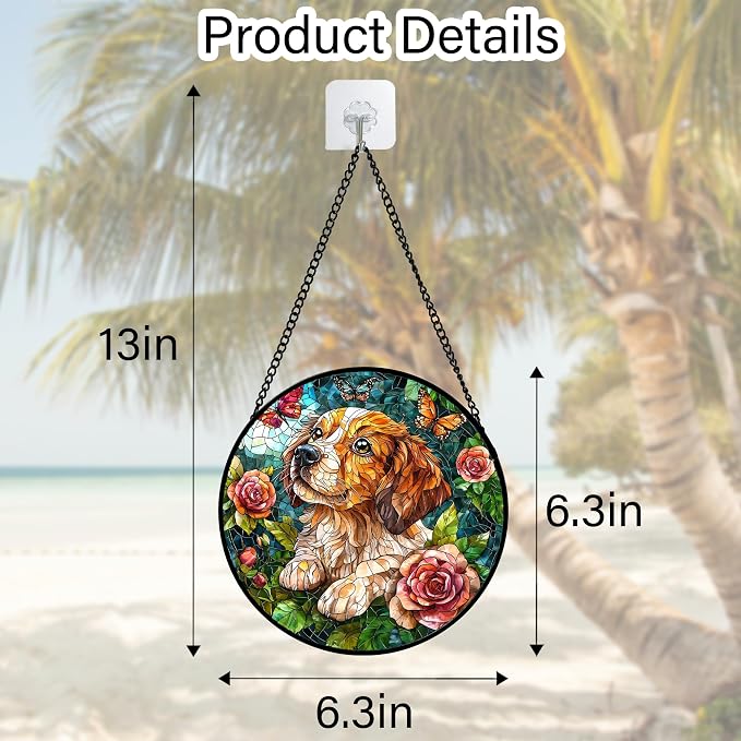 DASTOLL Stained Glass Window Hanging, Dog and Rose Suncatcher for Doors Home Butterfly Sun Catchers Decoration and Christmas, Mother's Day Birthday Gifts for Women, Men, and Mom 6.3 in