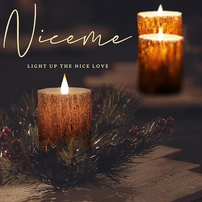 NICEME LED Pine Bark Flameless Candles Set of 3 Real Wax Battery Operated Candles Flickering Teardrop Wick Electric Decorative Pillar Bark Candles with Remote Timer, D3 x H4 5" 6"