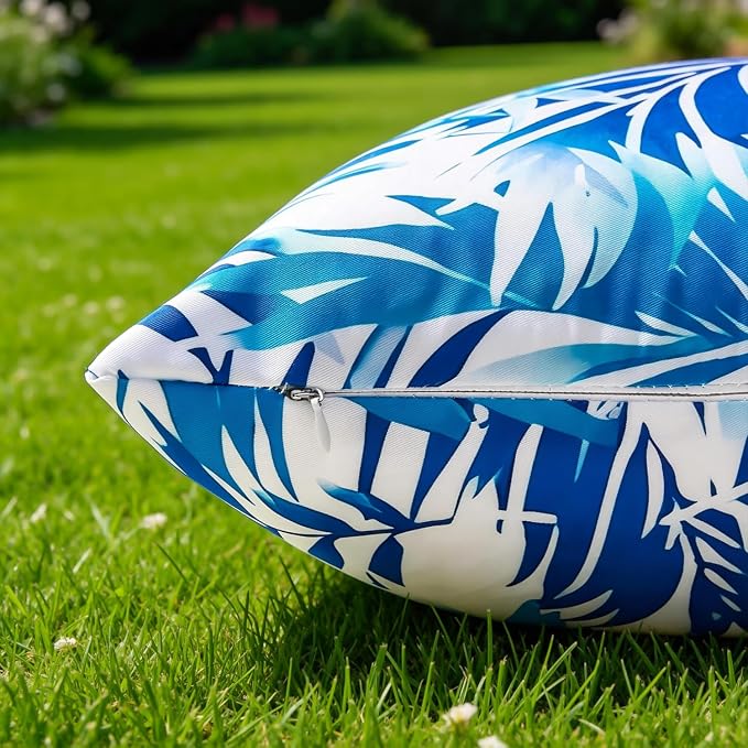 Outdoor Pillow Covers Waterproof Summer Decorative Throw Pillow Covers Blue Tropical Leaf Couch Covers 18x18 Set of 2 Square Outdoor Cushion Home Decor for Patio Furniture Garden Tent Balcony Bench